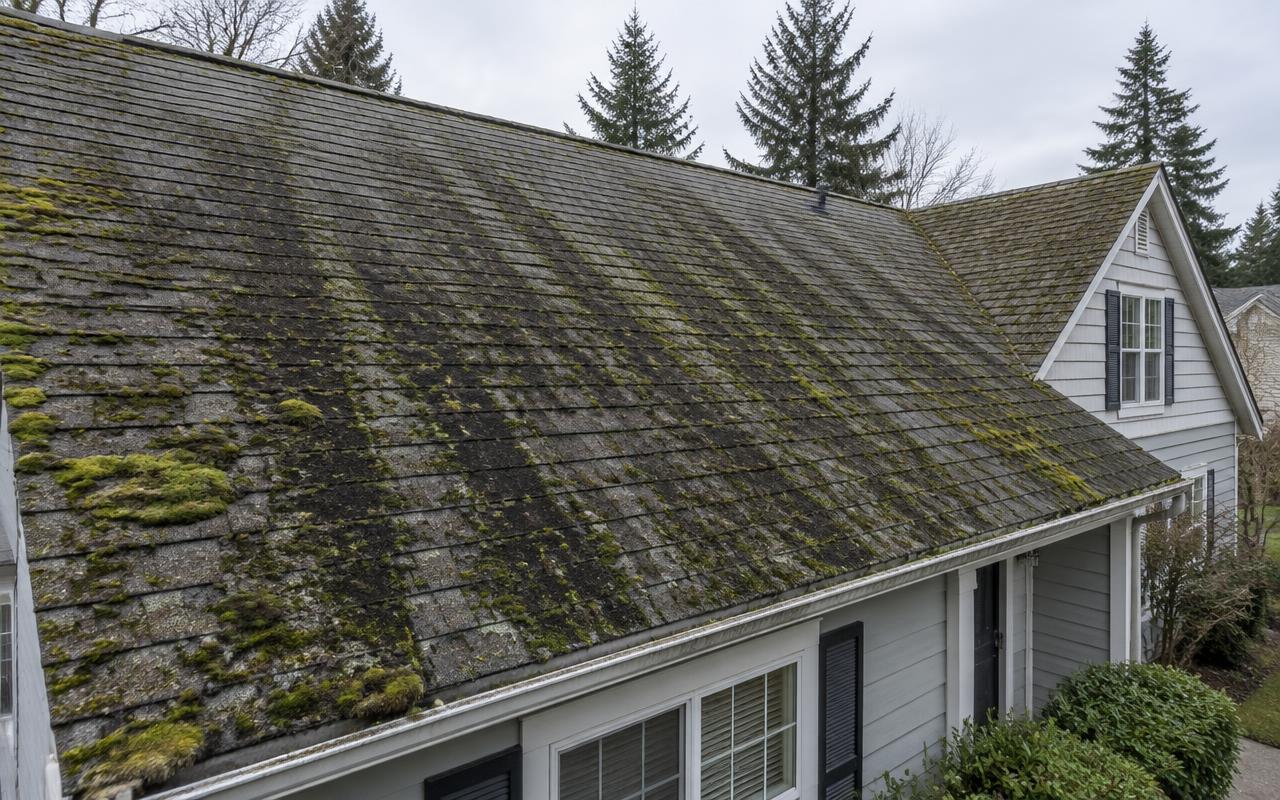 Demonstration roof cleaning — before